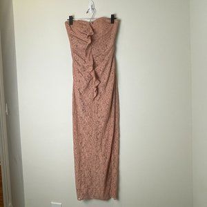 TJD Blush Pink Lace Dress Ruffled at Top Strapless Back Slit Dress Midi Size S